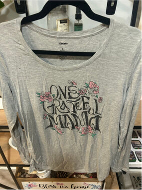 Women's Sonoma Long Sleeve Tee L Gray Pink "One Grateful Mama"